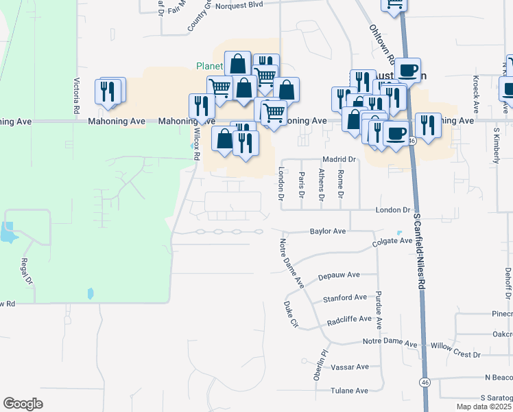 map of restaurants, bars, coffee shops, grocery stores, and more near 5825 Callaway Cir in Austintown