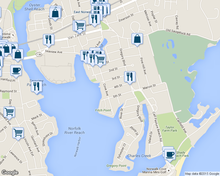 map of restaurants, bars, coffee shops, grocery stores, and more near 1 4th Street in Norwalk