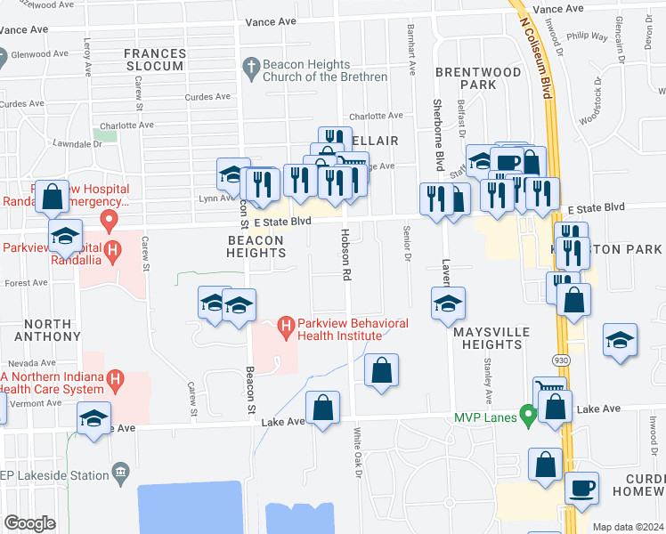 map of restaurants, bars, coffee shops, grocery stores, and more near 2021 Hobson Road in Fort Wayne
