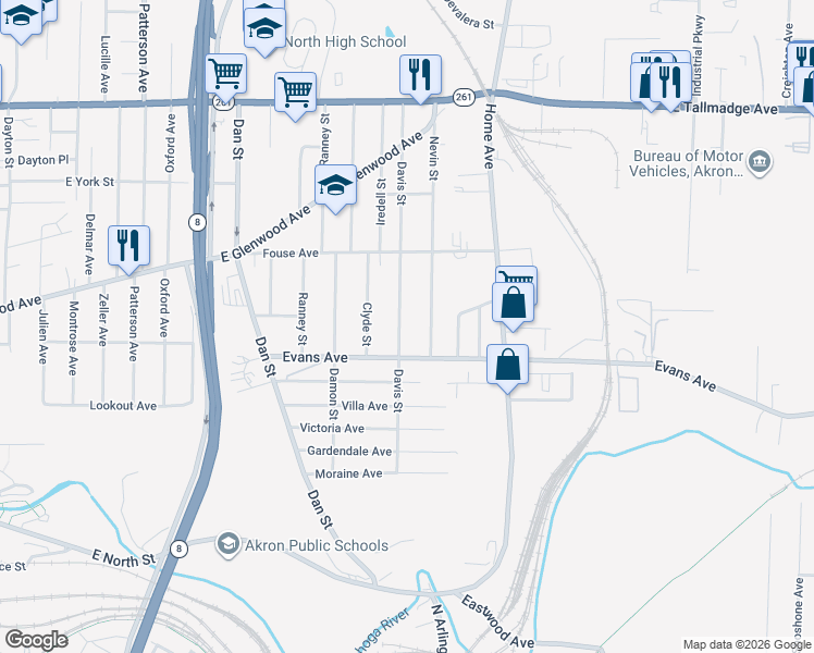 map of restaurants, bars, coffee shops, grocery stores, and more near 785 Davis Street in Akron