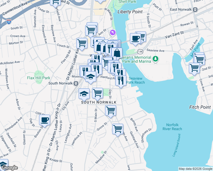 map of restaurants, bars, coffee shops, grocery stores, and more near 19 Day Street in Norwalk