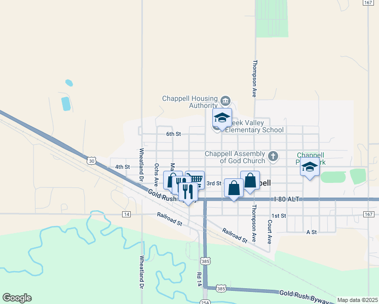 map of restaurants, bars, coffee shops, grocery stores, and more near 490 Vincent Avenue in Chappell