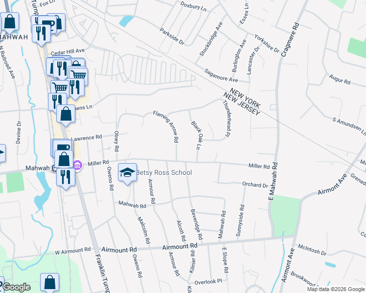 map of restaurants, bars, coffee shops, grocery stores, and more near 59 Flaming Arrow Rd in Mahwah