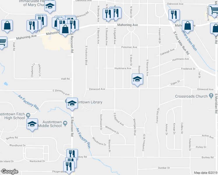 map of restaurants, bars, coffee shops, grocery stores, and more near 259 South Roanoke Avenue in Youngstown
