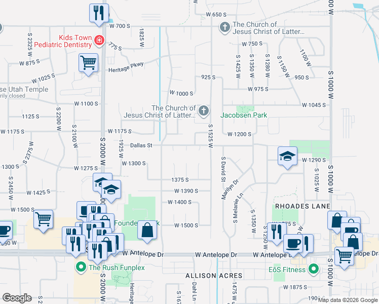 map of restaurants, bars, coffee shops, grocery stores, and more near 1251 South 1650 West in Syracuse
