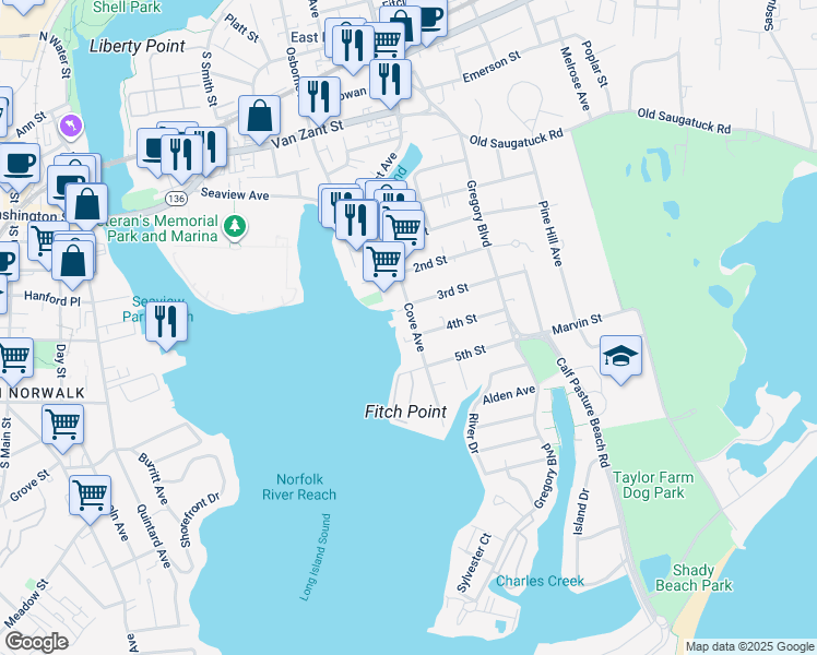 map of restaurants, bars, coffee shops, grocery stores, and more near 34 Cove Avenue in Norwalk
