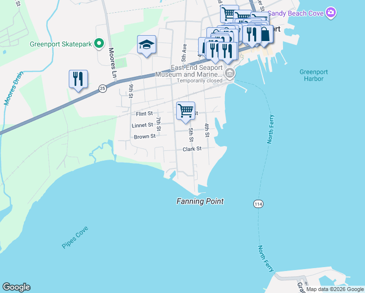 map of restaurants, bars, coffee shops, grocery stores, and more near 203 5th Street in Greenport