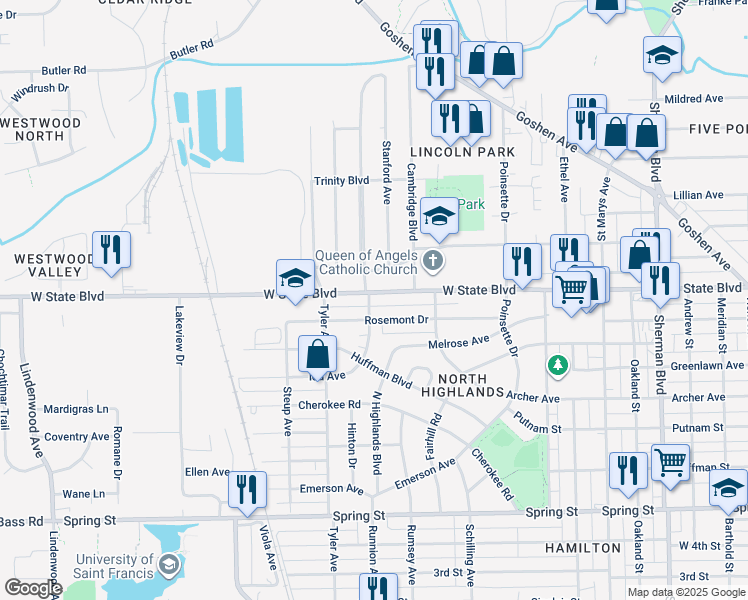 map of restaurants, bars, coffee shops, grocery stores, and more near 1747 West State Boulevard in Fort Wayne