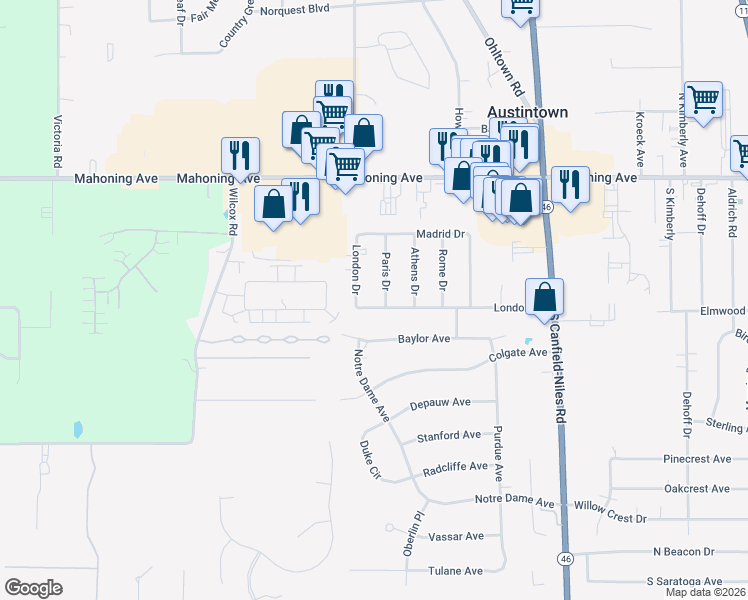 map of restaurants, bars, coffee shops, grocery stores, and more near 5612 London Drive in Youngstown