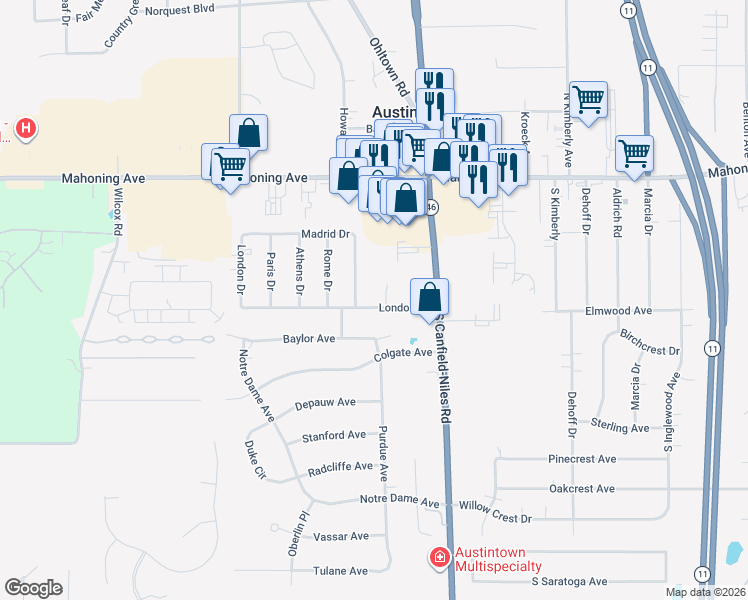 map of restaurants, bars, coffee shops, grocery stores, and more near 5540 London Drive in Youngstown