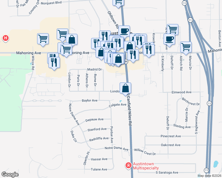 map of restaurants, bars, coffee shops, grocery stores, and more near 5540 London Drive in Youngstown