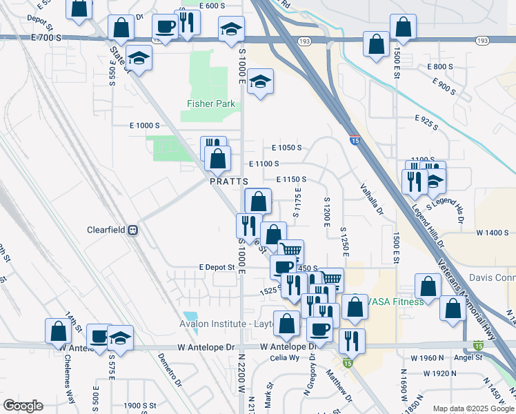map of restaurants, bars, coffee shops, grocery stores, and more near 1234 1050 East in Clearfield