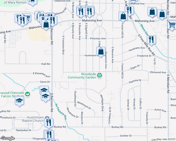 map of restaurants, bars, coffee shops, grocery stores, and more near 287 South Edgehill Avenue in Youngstown