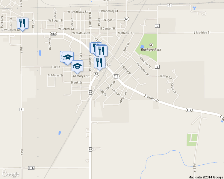 map of restaurants, bars, coffee shops, grocery stores, and more near 514 Ohio St in Leipsic