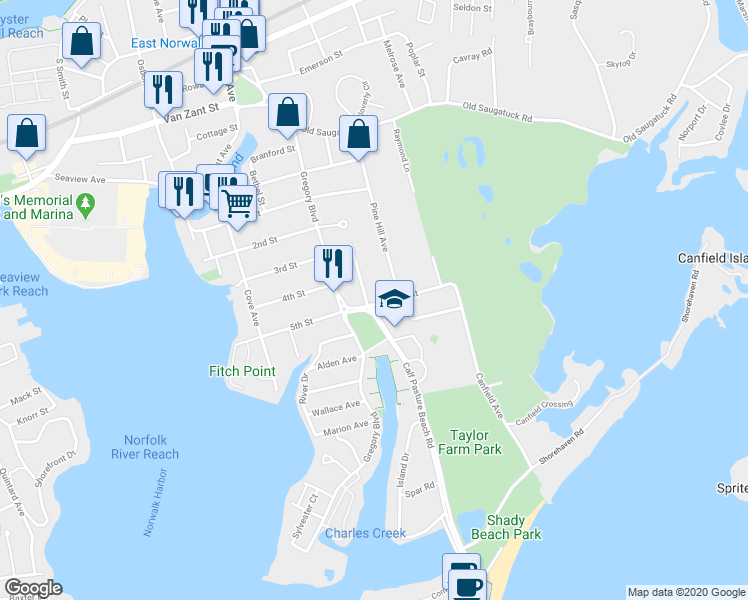 map of restaurants, bars, coffee shops, grocery stores, and more near 3 Marvin Street in Norwalk