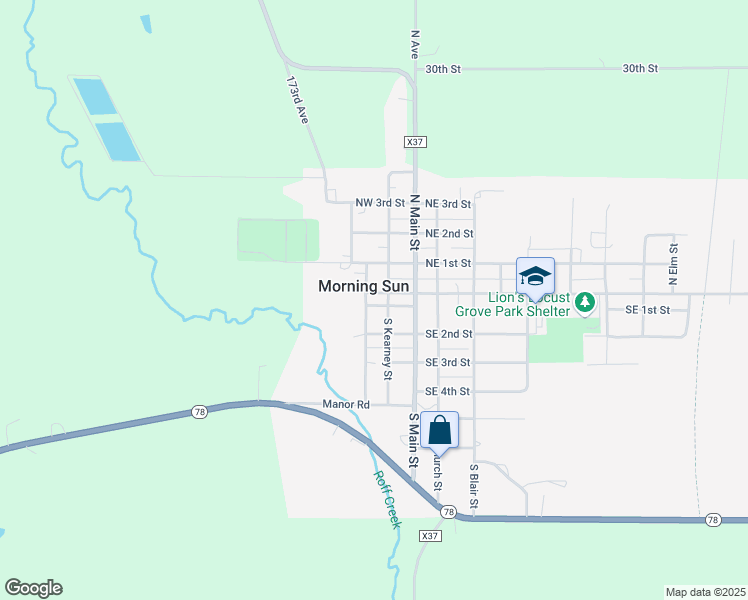 map of restaurants, bars, coffee shops, grocery stores, and more near 10 Southwest 1st Street in Morning Sun