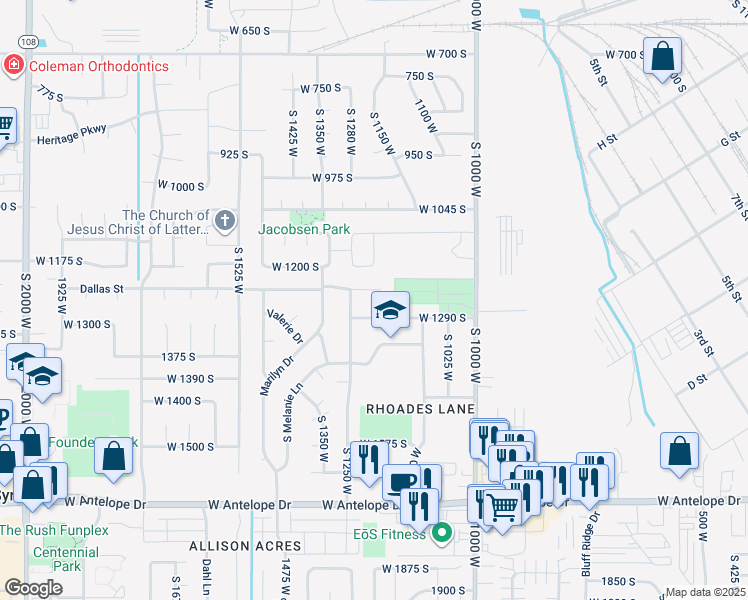 map of restaurants, bars, coffee shops, grocery stores, and more near 1204 West 1290 South in Syracuse