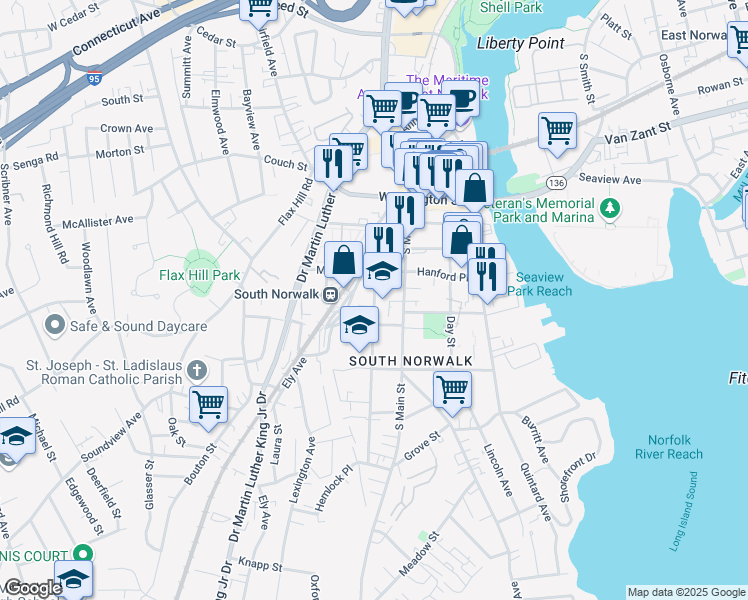map of restaurants, bars, coffee shops, grocery stores, and more near 13 Chestnut Street in Norwalk