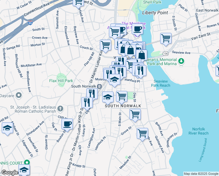 map of restaurants, bars, coffee shops, grocery stores, and more near 13 Chestnut Street in Norwalk