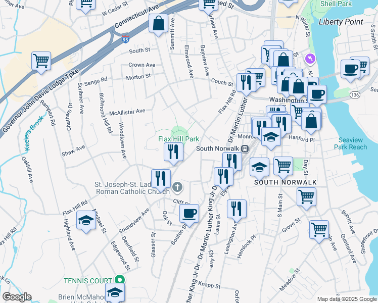 map of restaurants, bars, coffee shops, grocery stores, and more near 232 Flax Hill Road in Norwalk