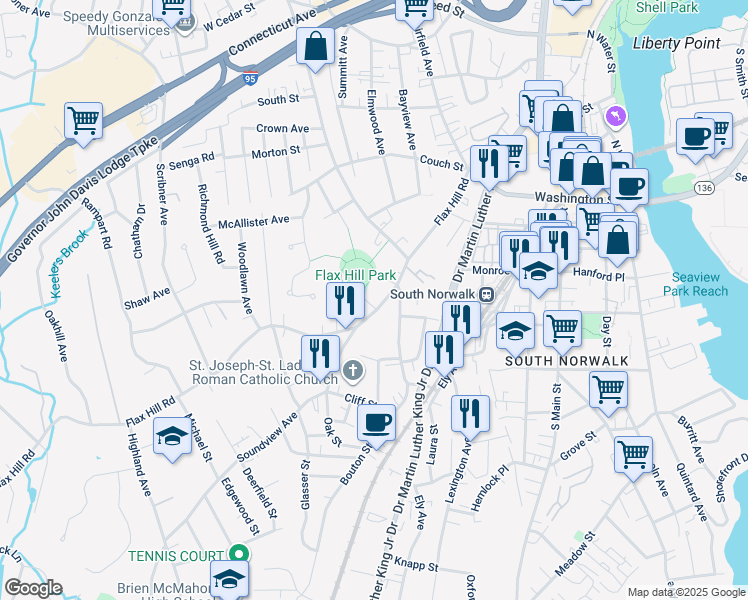 map of restaurants, bars, coffee shops, grocery stores, and more near 232 Flax Hill Road in Norwalk