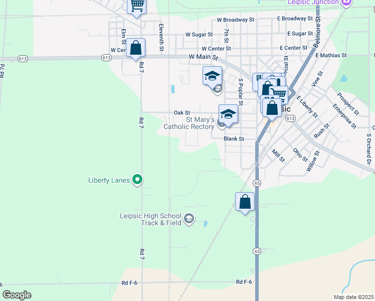 map of restaurants, bars, coffee shops, grocery stores, and more near 363 Patti Lane in Leipsic