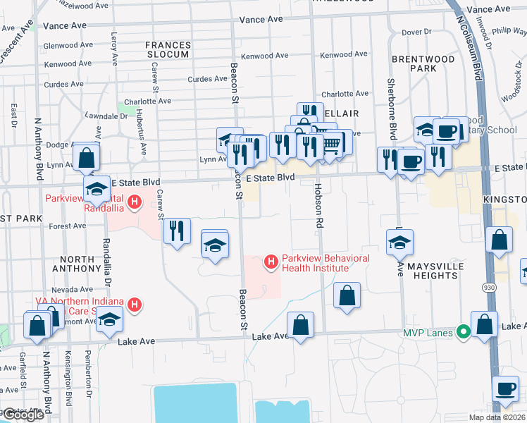 map of restaurants, bars, coffee shops, grocery stores, and more near 2108 Hobson Drive in Fort Wayne