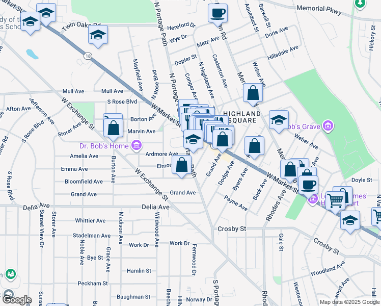 map of restaurants, bars, coffee shops, grocery stores, and more near 55 South Portage Path in Akron