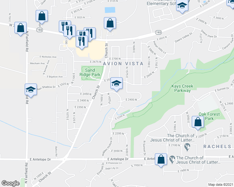 map of restaurants, bars, coffee shops, grocery stores, and more near 2200 East 2500 North in Layton