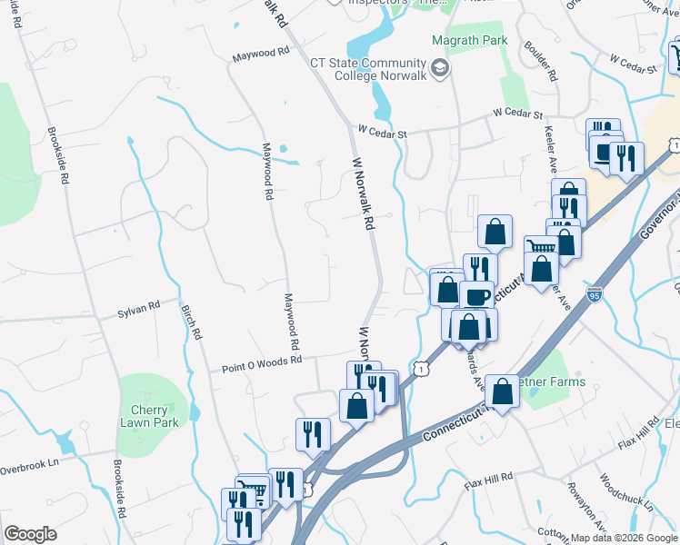 map of restaurants, bars, coffee shops, grocery stores, and more near 12 Dellwood Road in Norwalk
