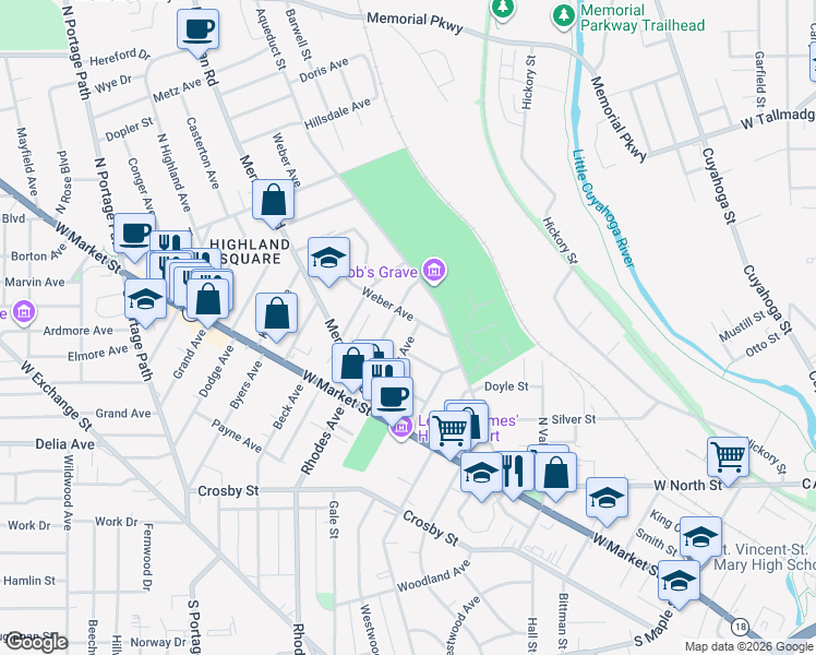 map of restaurants, bars, coffee shops, grocery stores, and more near 91 Mount View Avenue in Akron