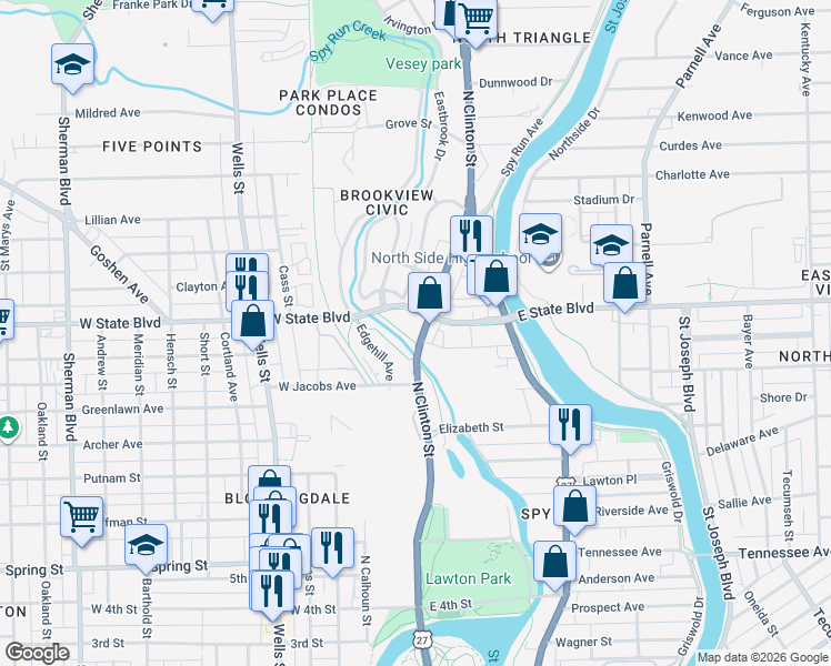 map of restaurants, bars, coffee shops, grocery stores, and more near 2221 North Clinton Street in Fort Wayne