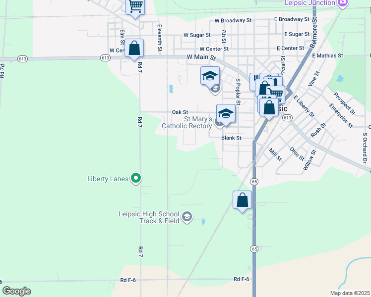 map of restaurants, bars, coffee shops, grocery stores, and more near 363 Patti Lane in Leipsic