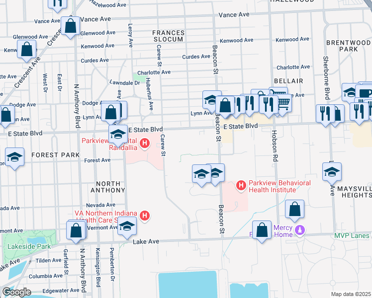 map of restaurants, bars, coffee shops, grocery stores, and more near 2500 East State Boulevard in Fort Wayne