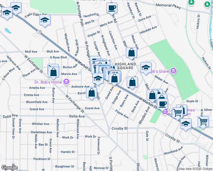 map of restaurants, bars, coffee shops, grocery stores, and more near 22 Grand Avenue in Akron