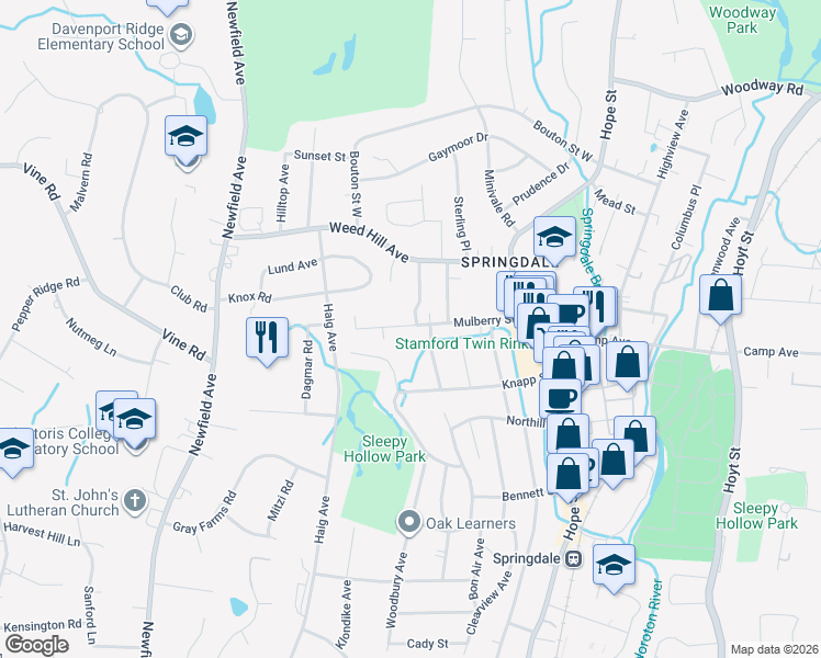 map of restaurants, bars, coffee shops, grocery stores, and more near 98 Mulberry Street in Stamford