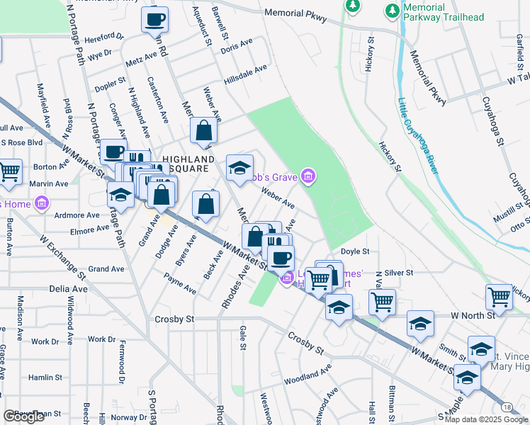 map of restaurants, bars, coffee shops, grocery stores, and more near 68 Charlotte Street in Akron