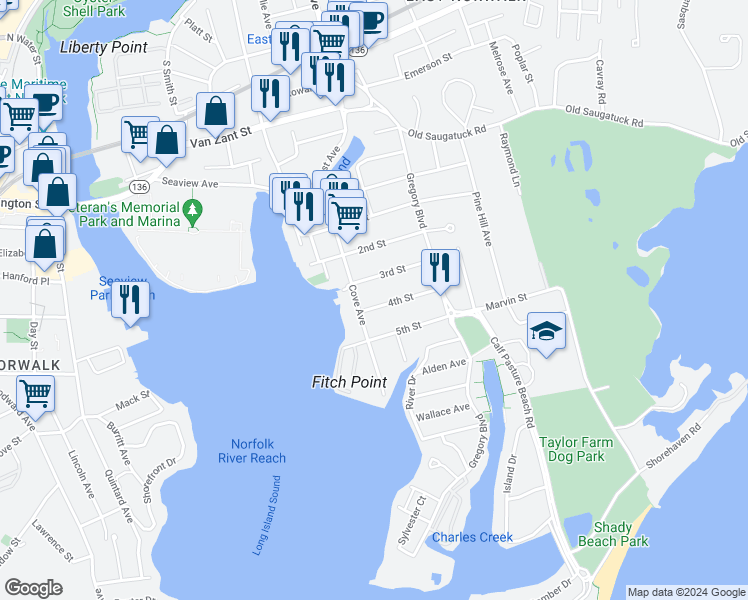 map of restaurants, bars, coffee shops, grocery stores, and more near 1 4th Street in Norwalk