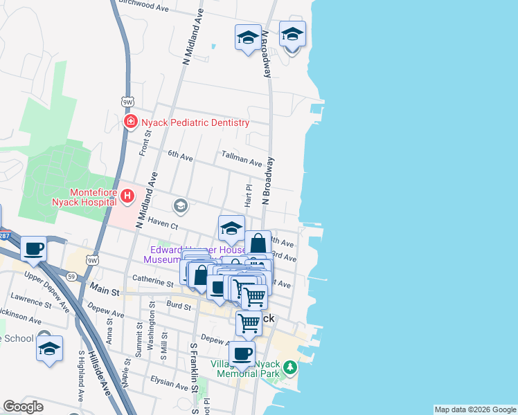 map of restaurants, bars, coffee shops, grocery stores, and more near 20 5th Avenue in Nyack