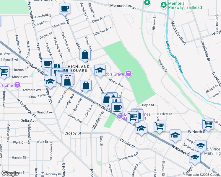 map of restaurants, bars, coffee shops, grocery stores, and more near 68 Charlotte Street in Akron