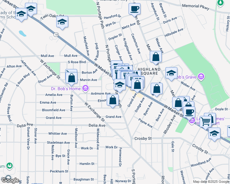 map of restaurants, bars, coffee shops, grocery stores, and more near 55 South Portage Path in Akron
