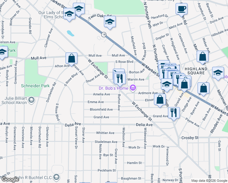 map of restaurants, bars, coffee shops, grocery stores, and more near 932 Amelia Avenue in Akron