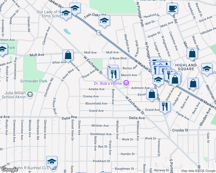 map of restaurants, bars, coffee shops, grocery stores, and more near 932 Amelia Avenue in Akron