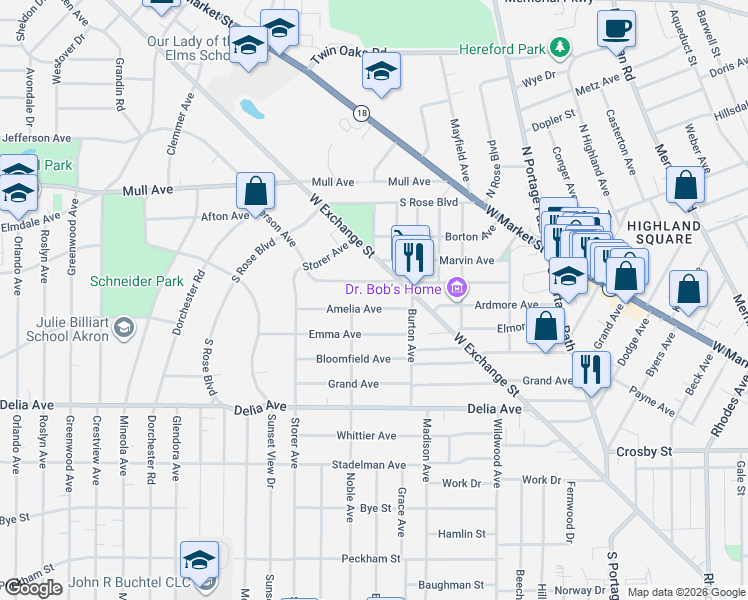 map of restaurants, bars, coffee shops, grocery stores, and more near 968 Amelia Avenue in Akron