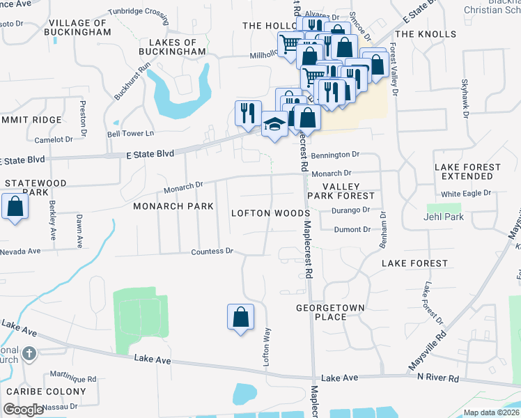 map of restaurants, bars, coffee shops, grocery stores, and more near 1920 Duprey Drive in Fort Wayne