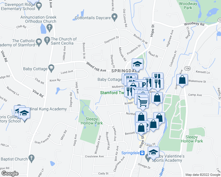 map of restaurants, bars, coffee shops, grocery stores, and more near 64 Mulberry Street in Stamford