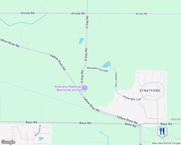 map of restaurants, bars, coffee shops, grocery stores, and more near 2402 O Day Road in Fort Wayne