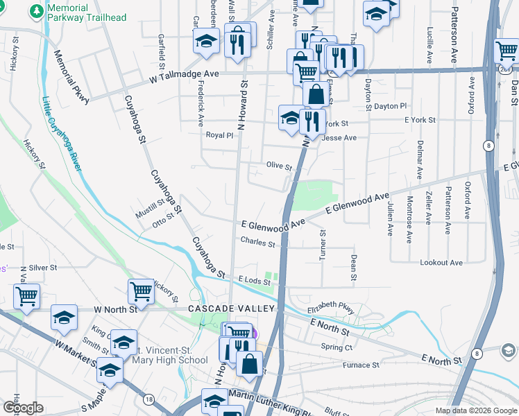 map of restaurants, bars, coffee shops, grocery stores, and more near 378 Bailey Court in Akron