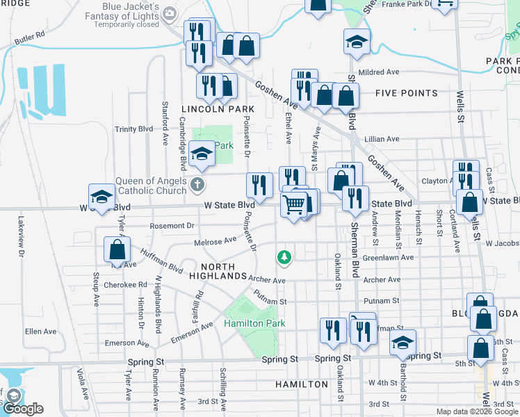 map of restaurants, bars, coffee shops, grocery stores, and more near 1314 Melrose Avenue in Fort Wayne