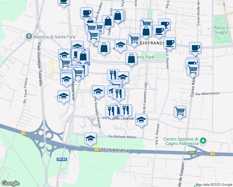 map of restaurants, bars, coffee shops, grocery stores, and more near Via Nicola dell'Andro in Bari